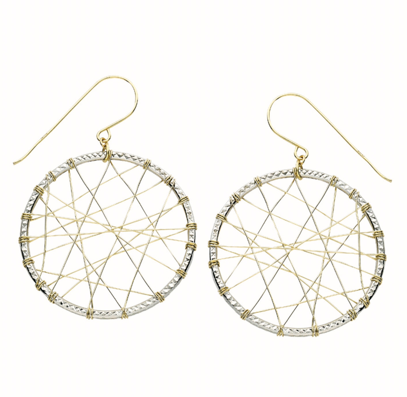 14K TWO-TONE GOLD - DIAMOND CUT DREAM CATCHER DANGLE HOOP EARRINGS.