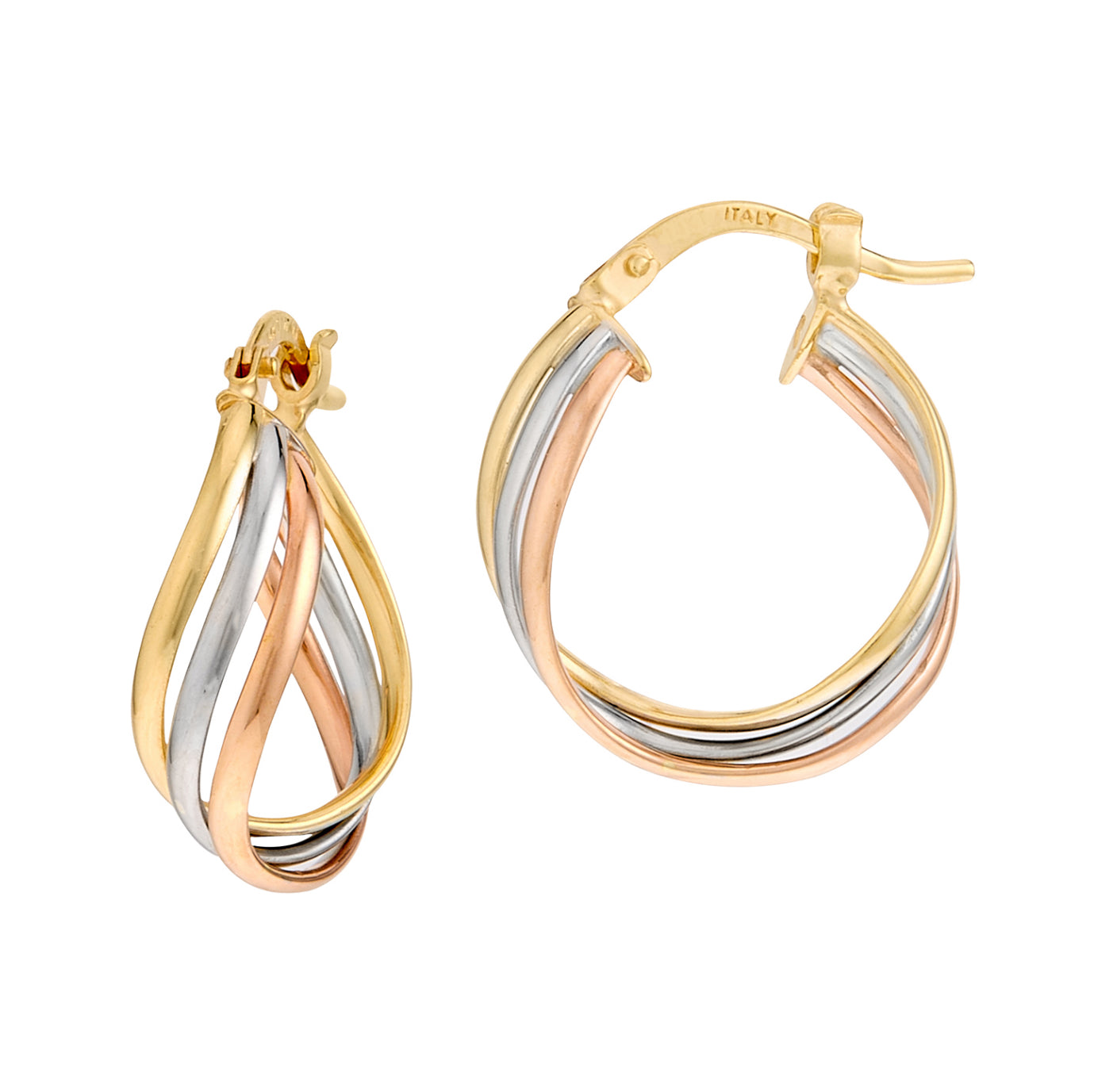 14K TRI-COLOR GOLD - TRIPLE BAND WAVE WRAP HOOP EARRINGS.