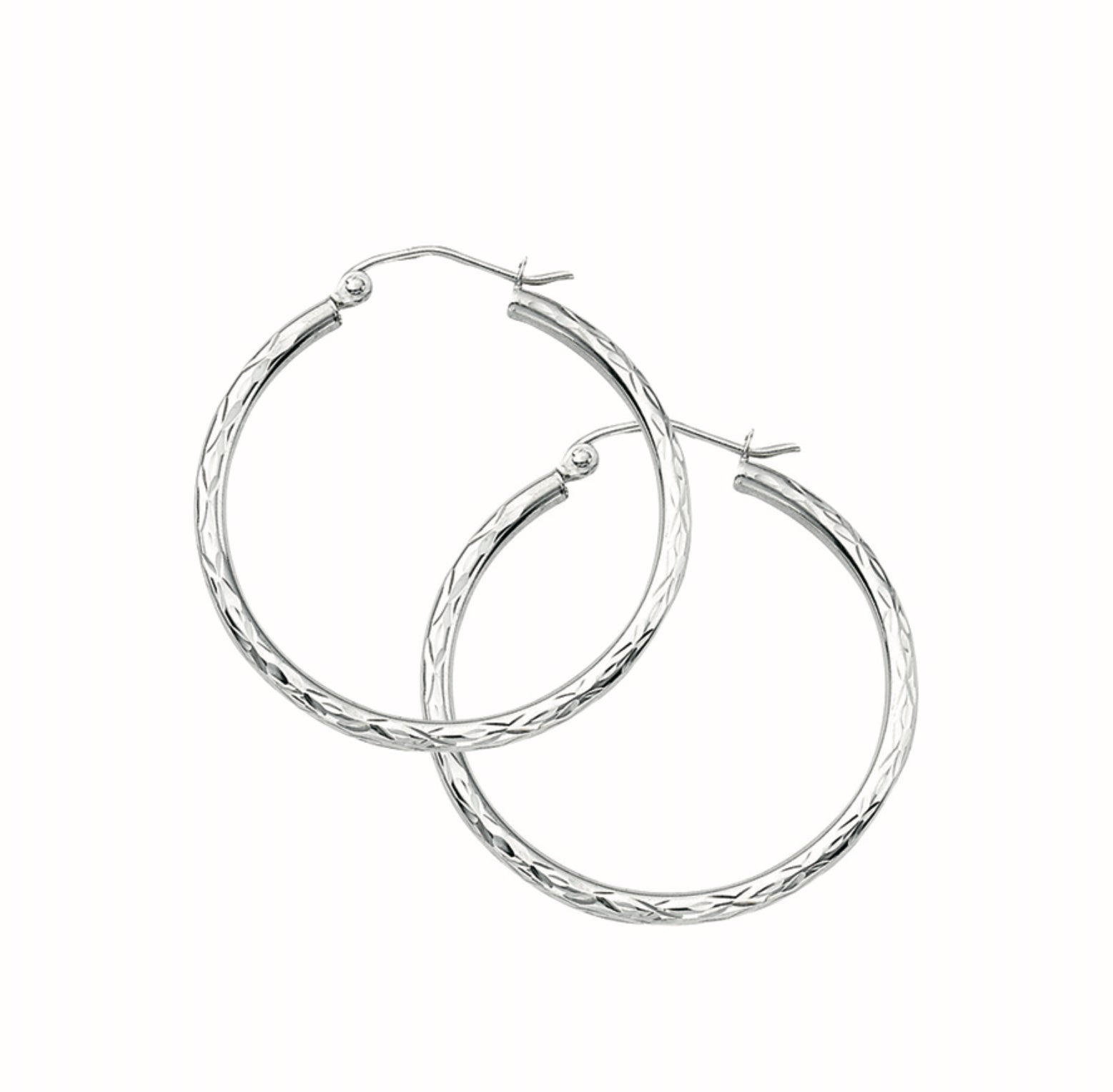 14K WHITE GOLD - DIAMOND CUT HOOP EARRINGS 2X30MM.