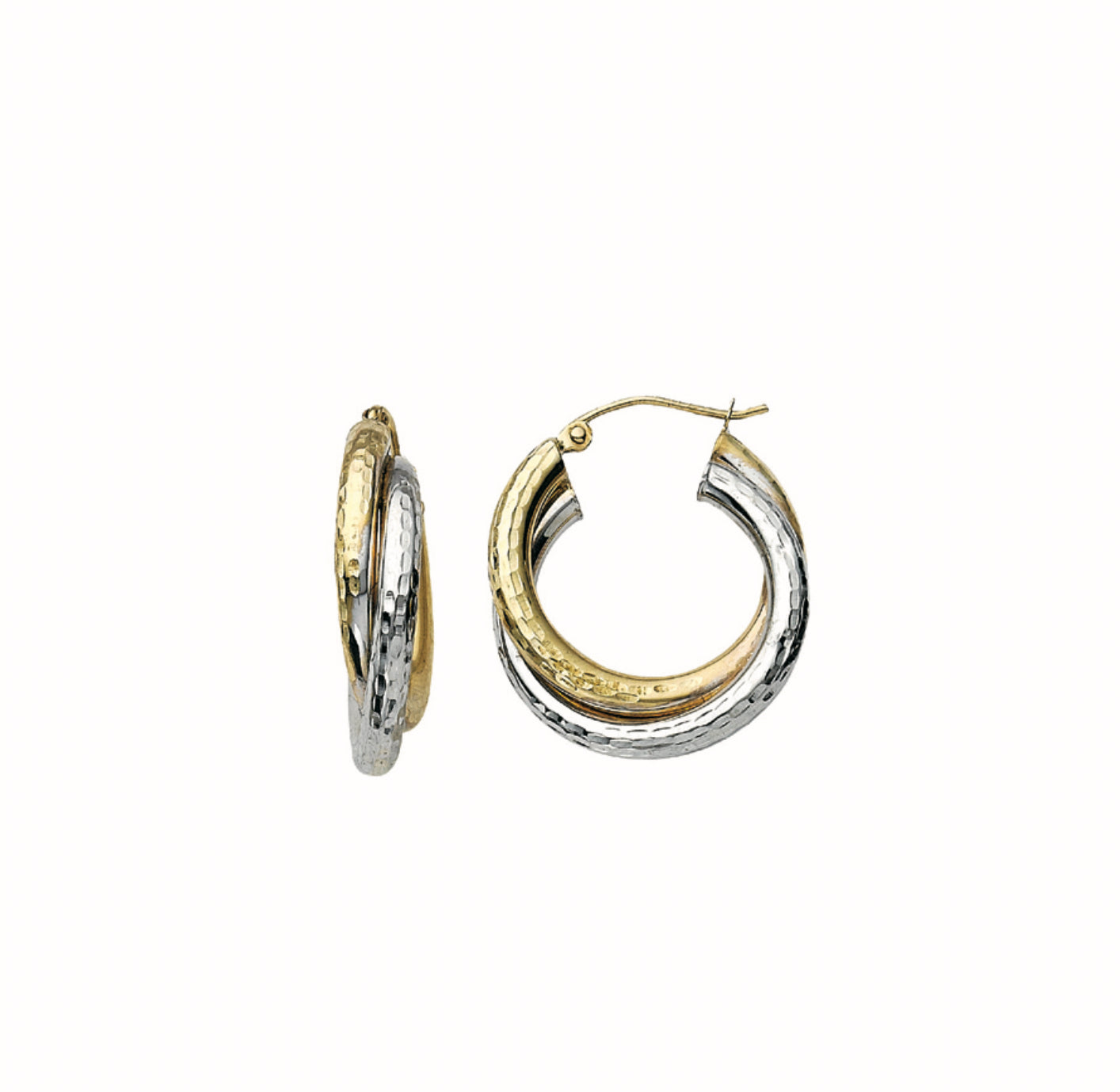 14K TWO-TONE GOLD - POLISHED DIAMOND CUT DOUBLE EARRINGS.