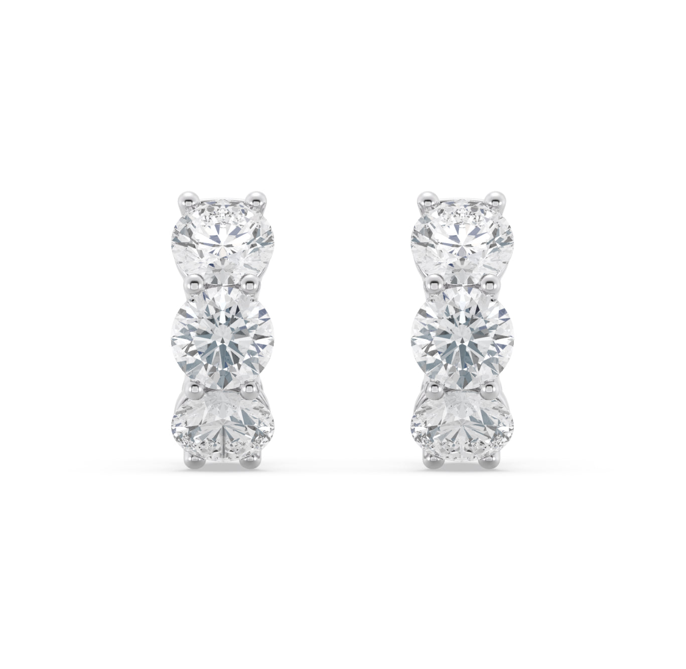 14K WHITE GOLD - LAB DIAMOND 3 STONE SHARED PRONG HUGGIES EARRINGS