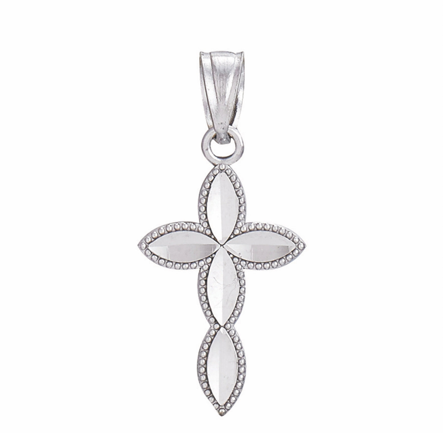 14K WHITE GOLD - DIAMOND CUT CROSS PENDANT.