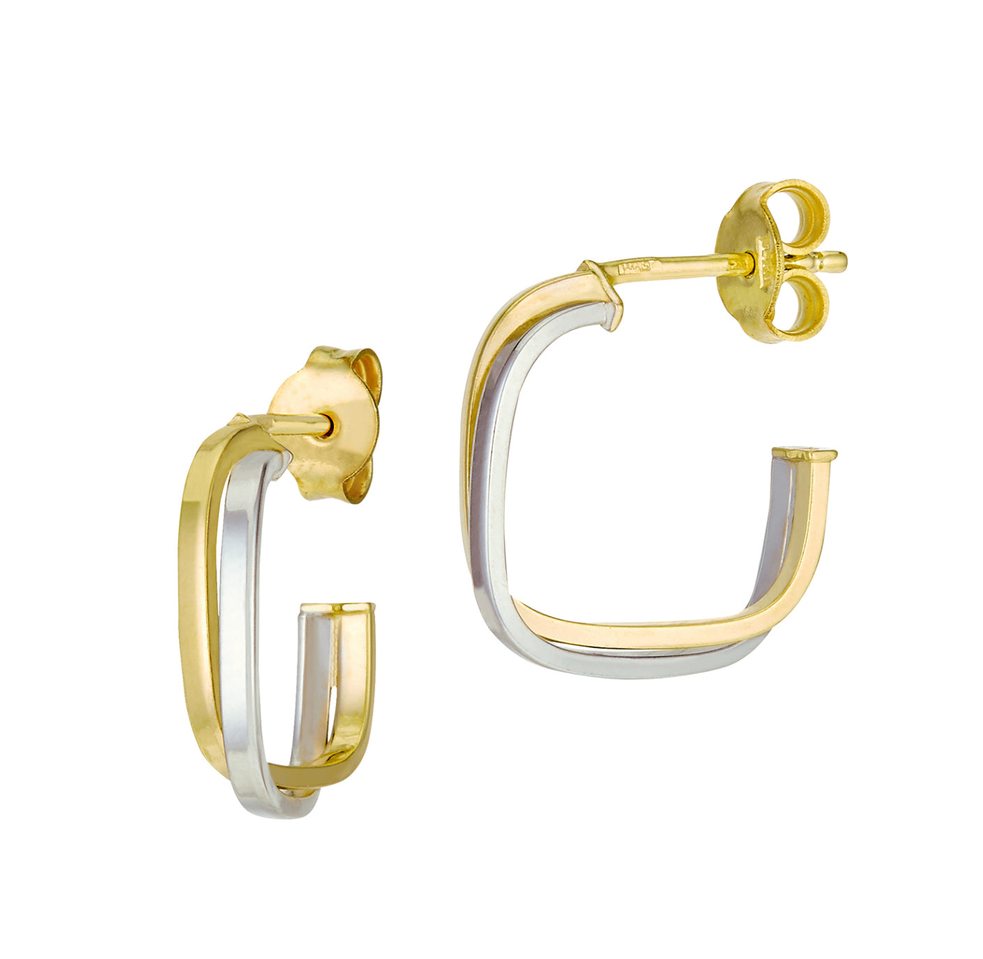 14K TWO-TONE GOLD - SQUARE INTERLOCKING HOOP EARRINGS.