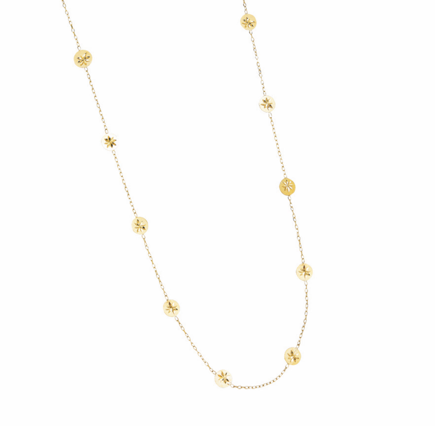 14K GOLD - DIAMOND CUT SATIN STAR STATIONED CIRCLE NECKLACE.