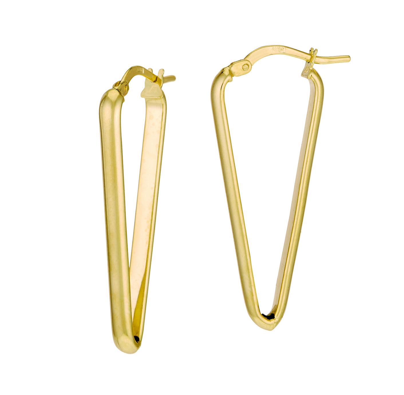 14K GOLD - SHARP TRIANGULAR HOOP EARRINGS.