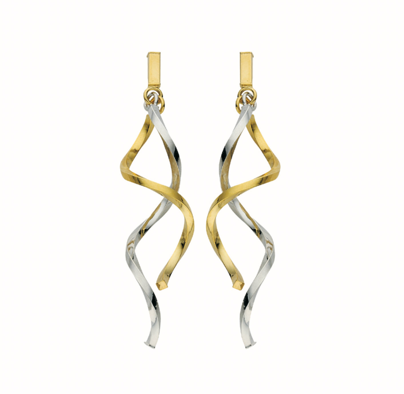 14K TWO-TONE GOLD - DOUBLE SWRILING BAR DANGLING EARRINGS.