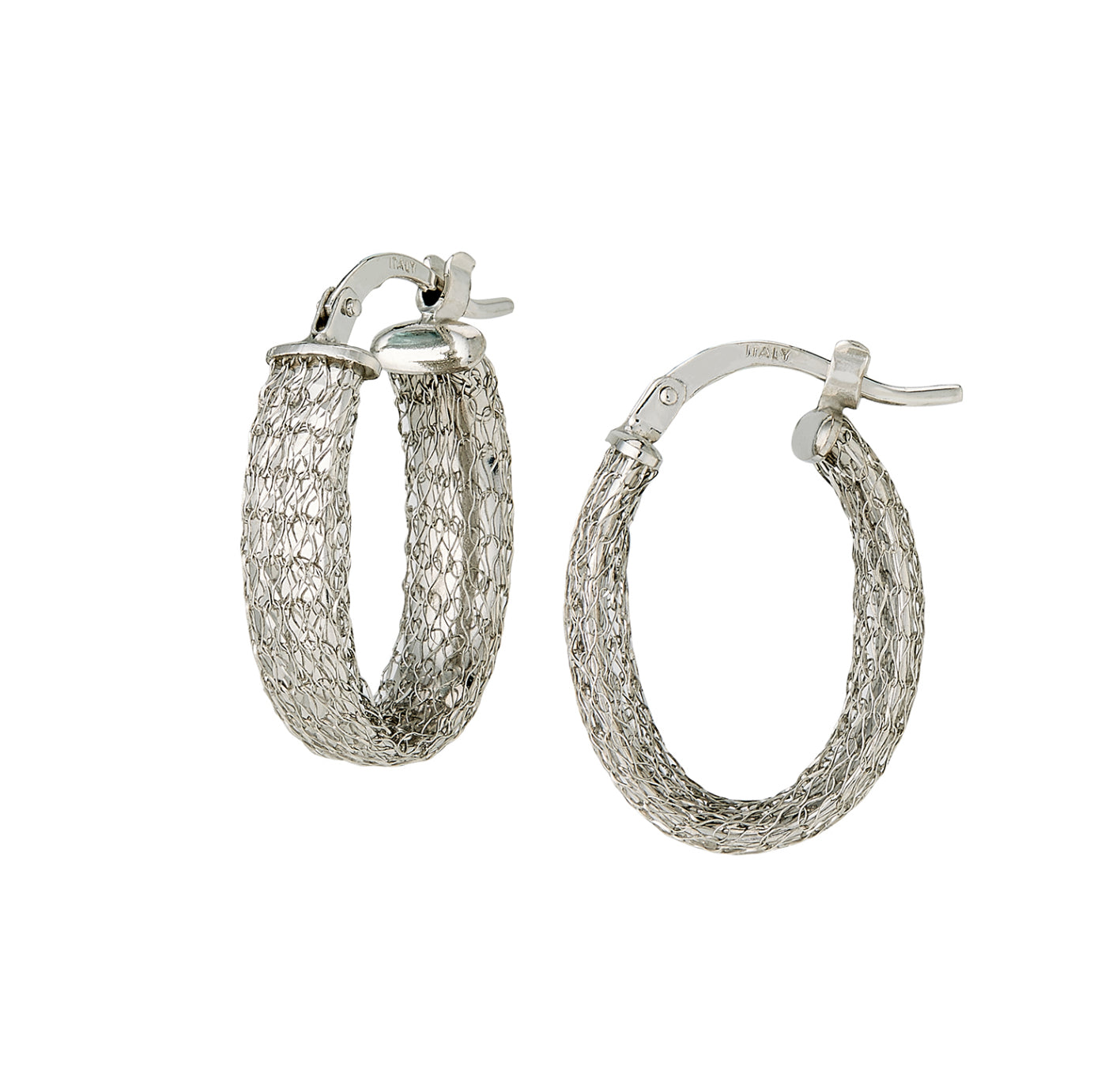 14K WHITE GOLD - BRADED MESH OVAL HOOP EARRINGS 11X19MM.