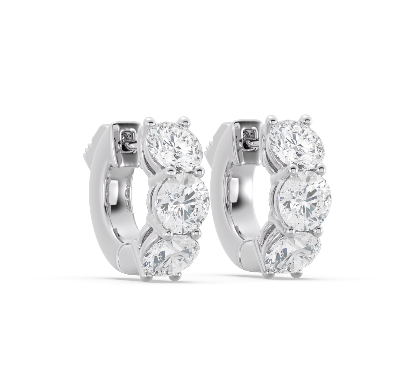 14K WHITE GOLD - LAB DIAMOND 3 STONE SHARED PRONG HUGGIES EARRINGS