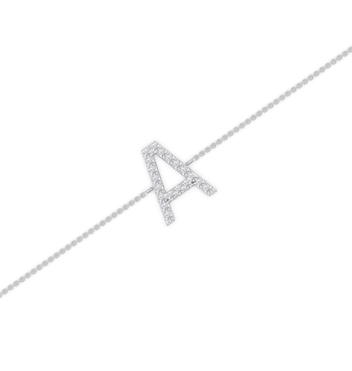 14K WHITE GOLD - LAB DIAMOND “A” LETTER BRACELET.