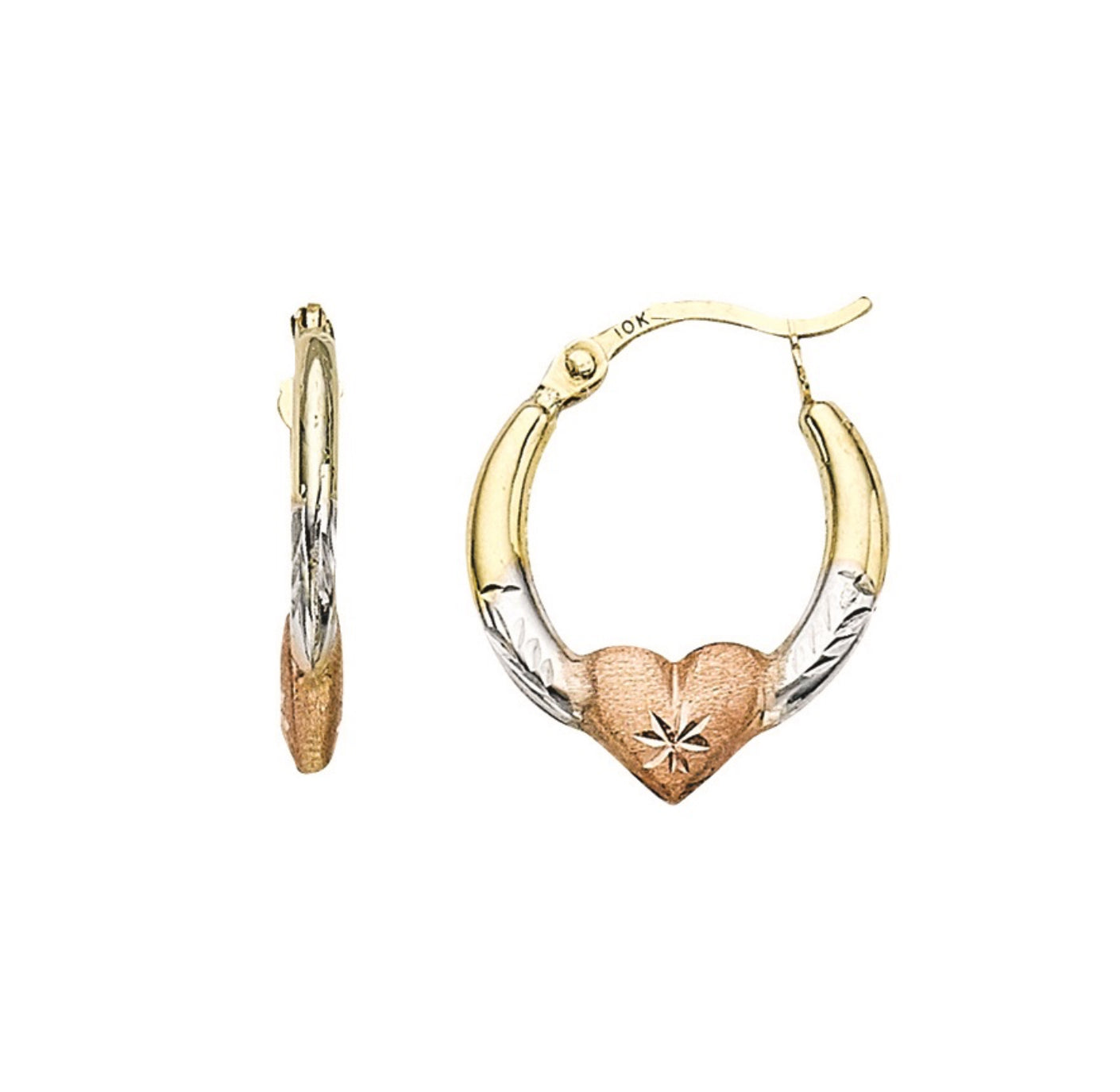 10K TRI-COLOR GOLD - POLISHED/DIAMOND CUT/SATIN HEART HOOP EARRINGS