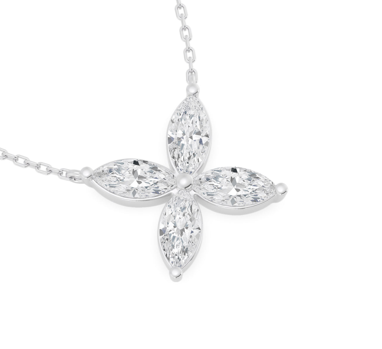 14K WHITE GOLD - LAB DIAMOND MARQUISE FLOWER NECKLACE.