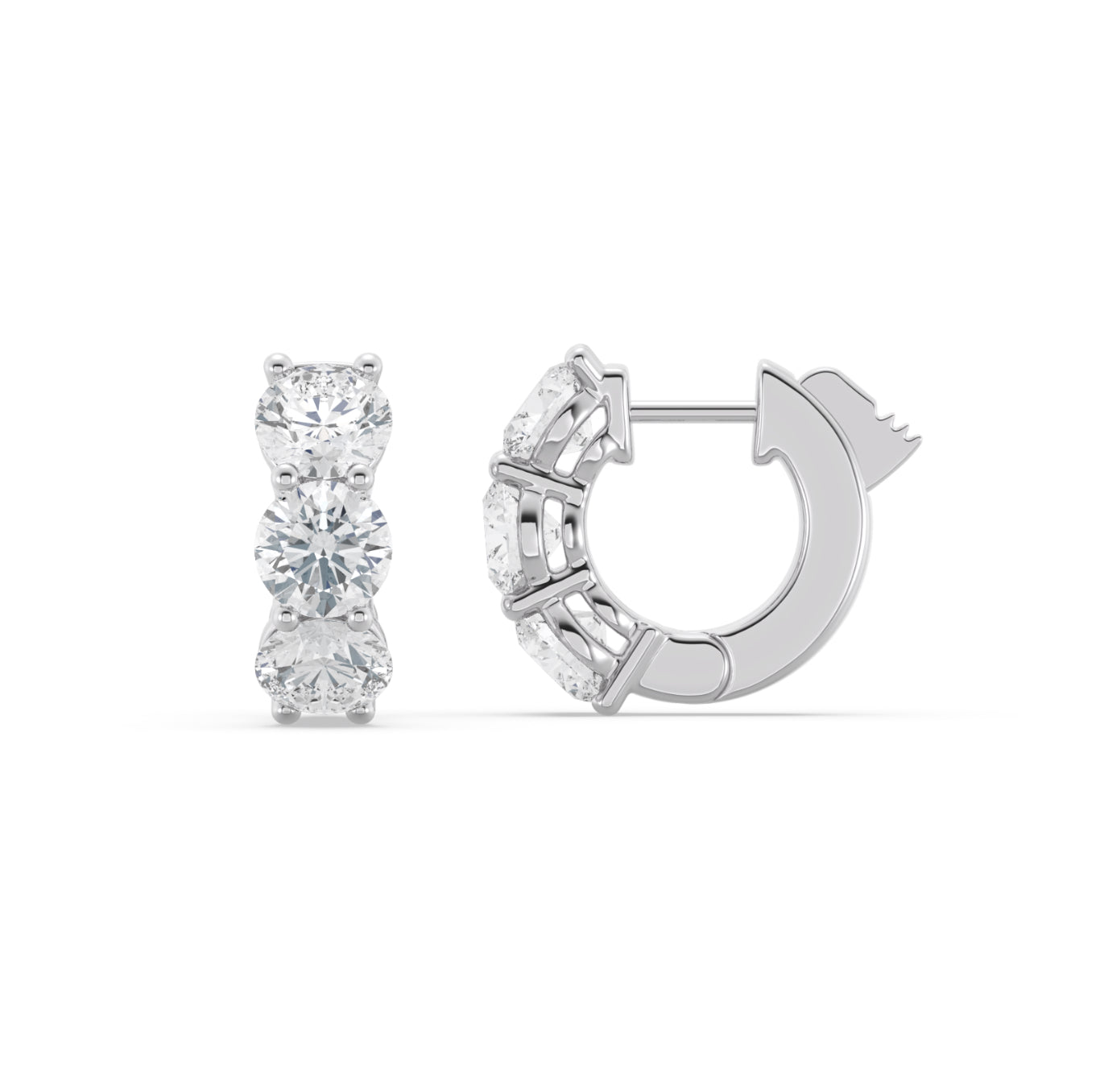 14K WHITE GOLD - LAB DIAMOND 3 STONE SHARED PRONG HUGGIES EARRINGS