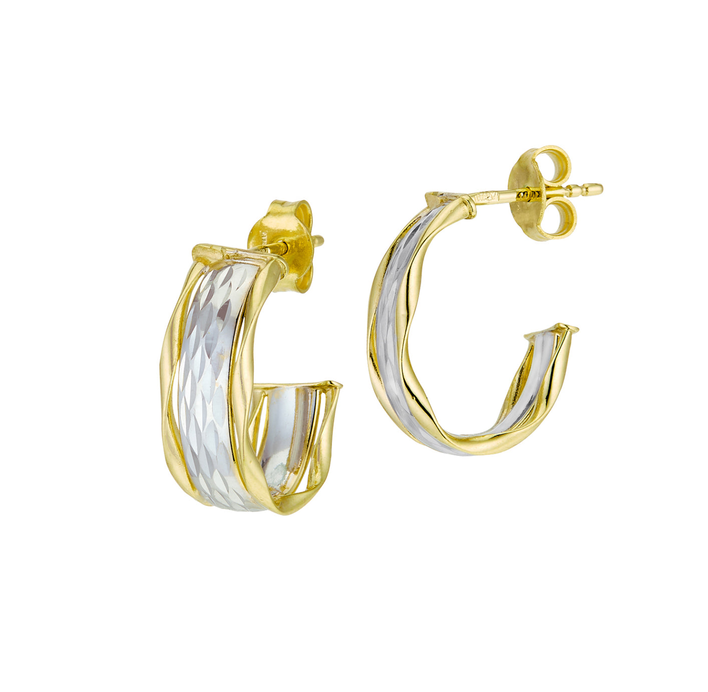 14K TWO-TONE GOLD - DIAMOND CUT HALF HOOP EARRINGS.