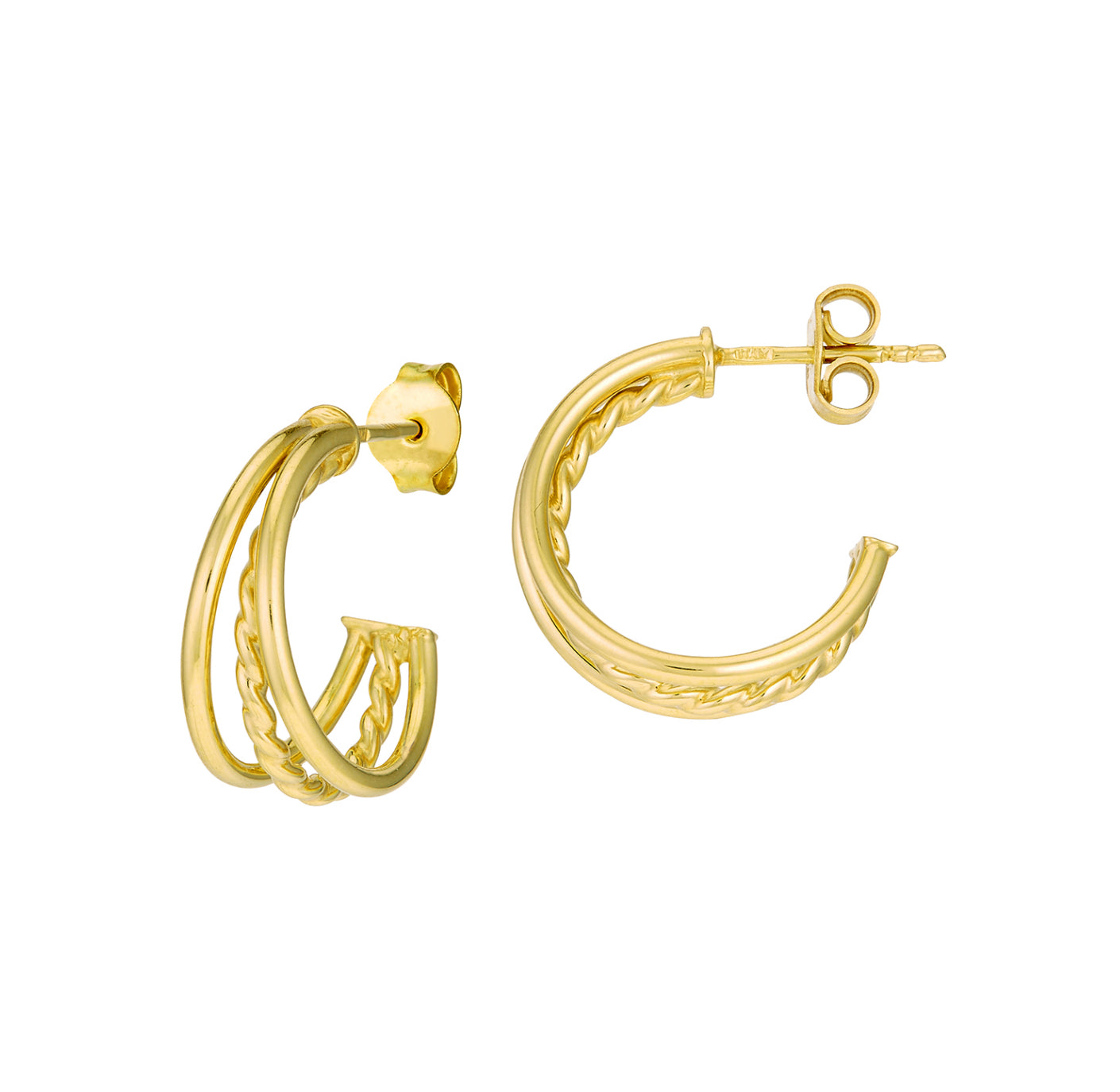 14K GOLD - TRIPLE BAND OPEN HOOP EARRINGS.