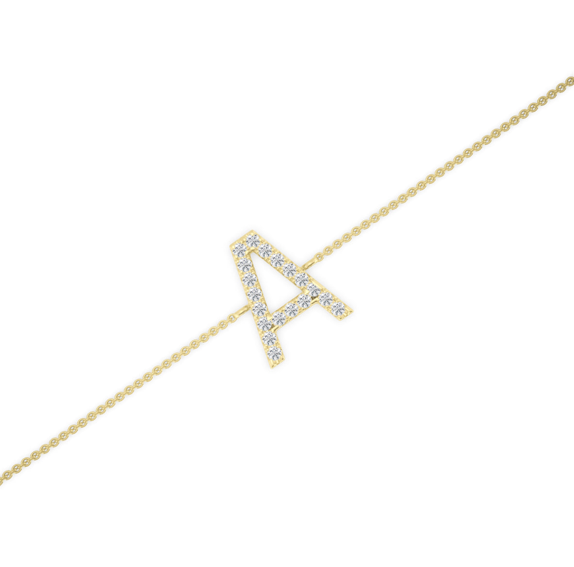 14K GOLD - LAB DIAMOND “A” LETTER BRACELET.