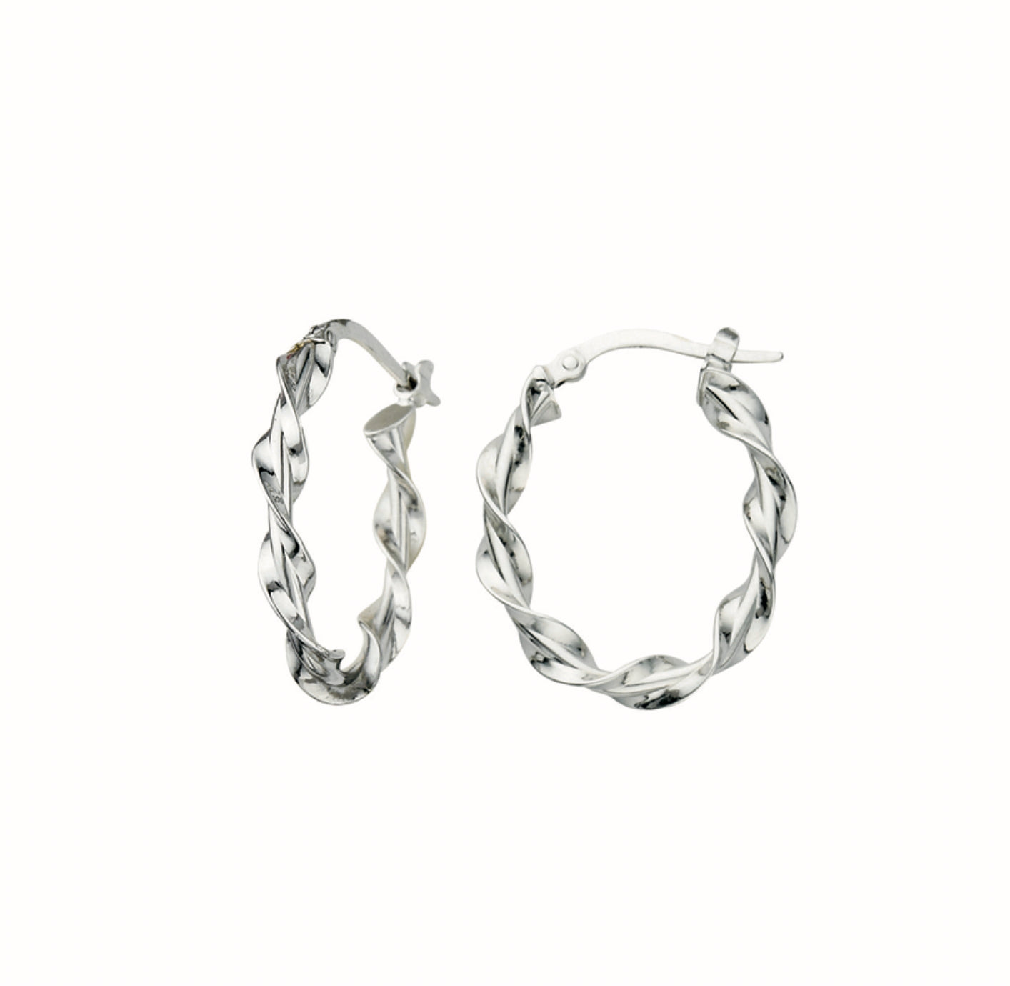 14K WHITE GOLD - OVAL RIBBON TWISTED HOOP EARRINGS.