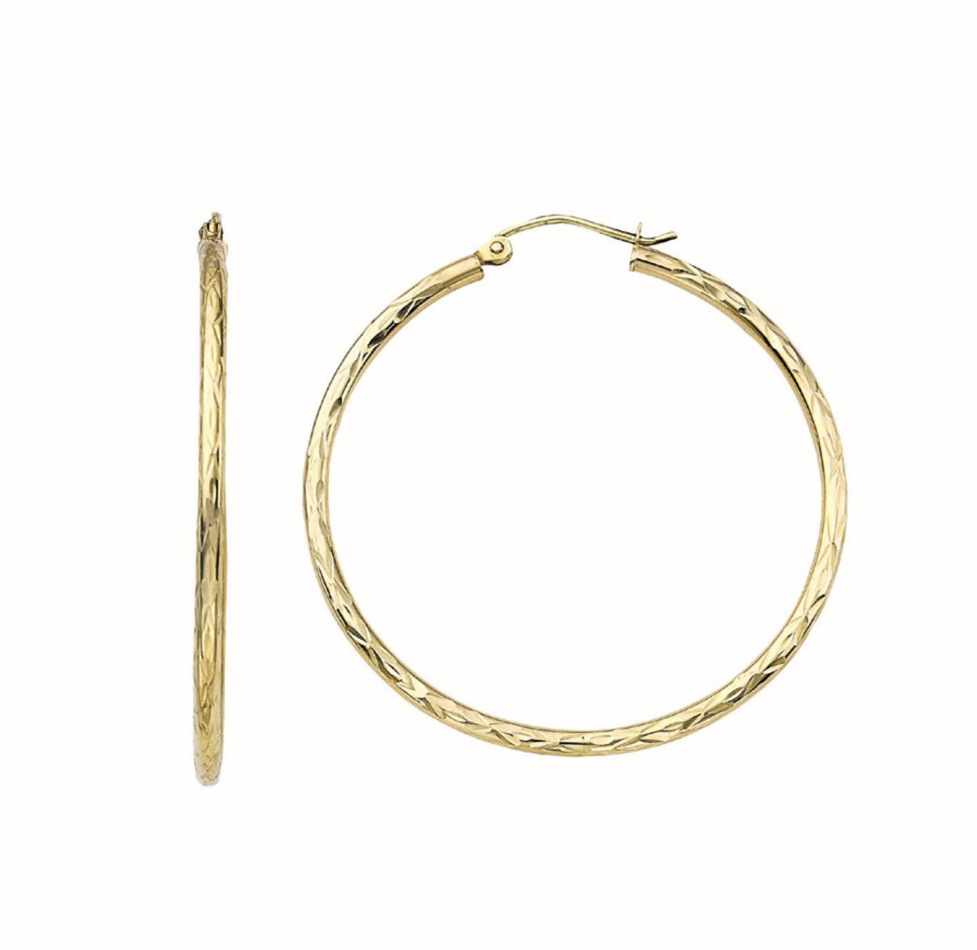 10K GOLD -DIAMOND CUT HOOP EARRINGS 2X40MM.