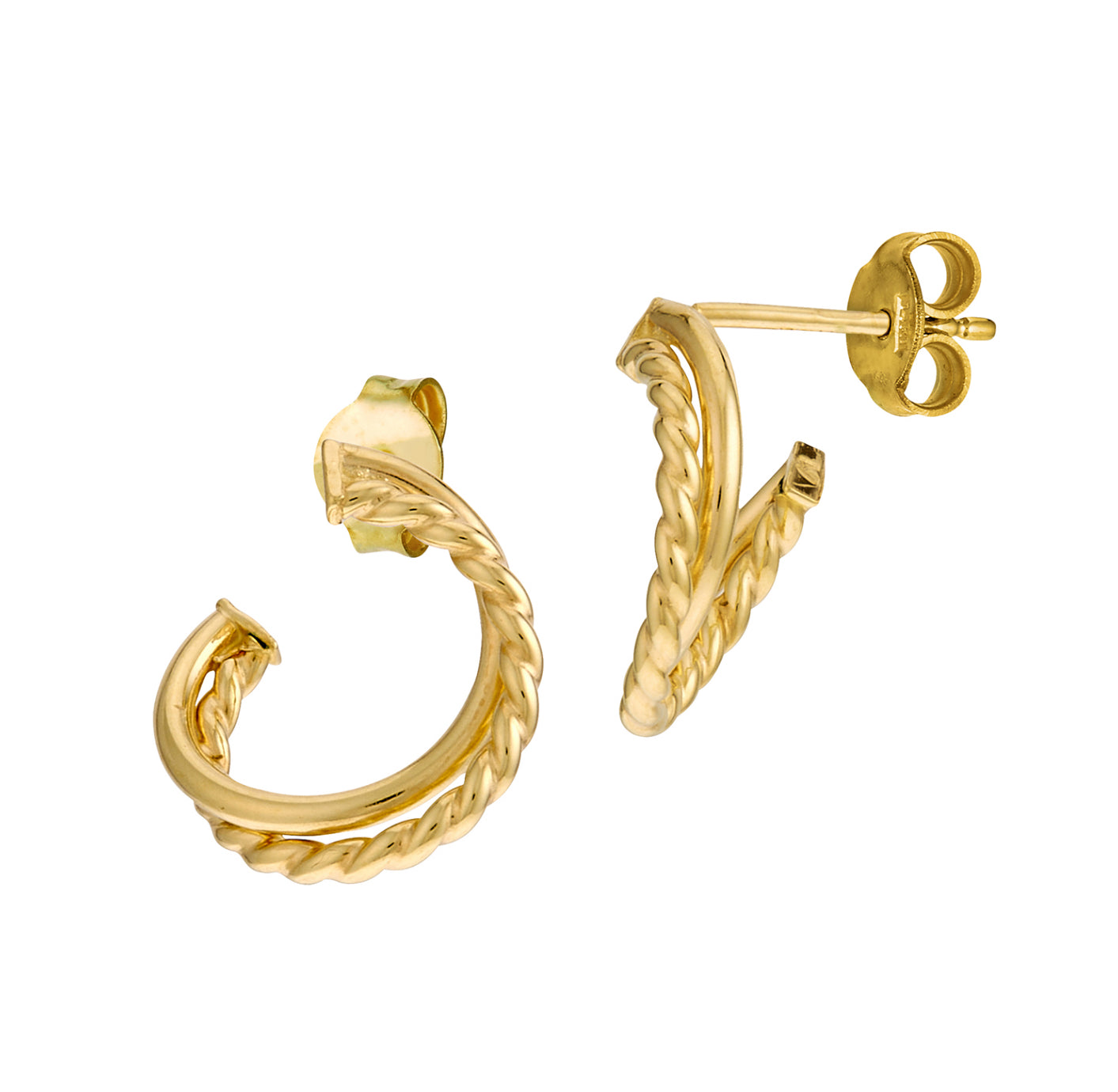 14K GOLD - POLISHED DOUBLE BAND TWISTED ROPE EARRINGS.