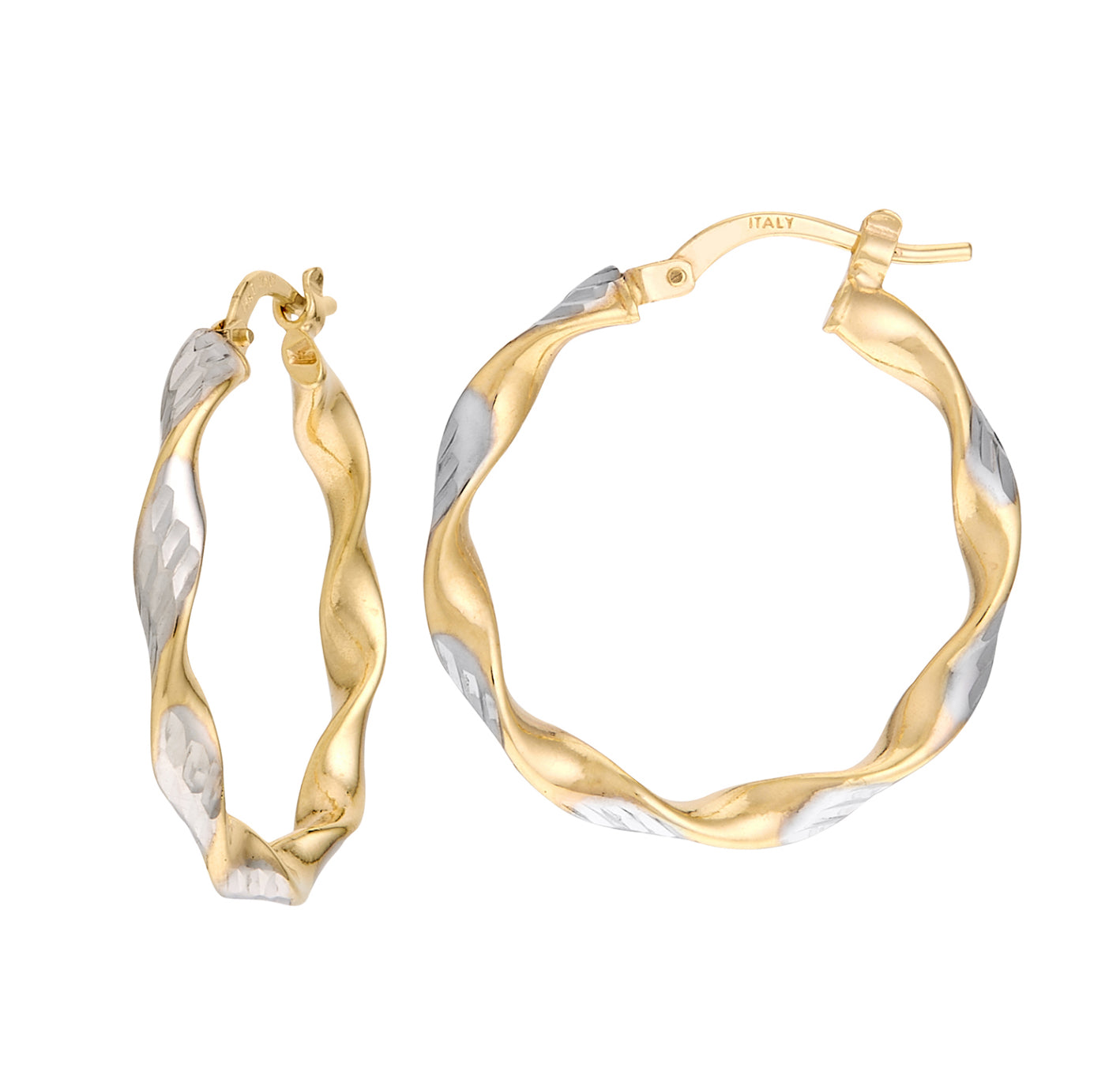 14K TWO-TONE GOLD - DIAMOND CUT TWISTED RIBBON HOOP EARRINGS.