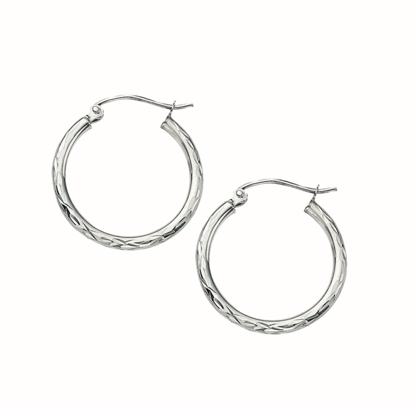 14K WHITE GOLD - DIAMOND CUT HOOP EARRINGS 2X20MM.