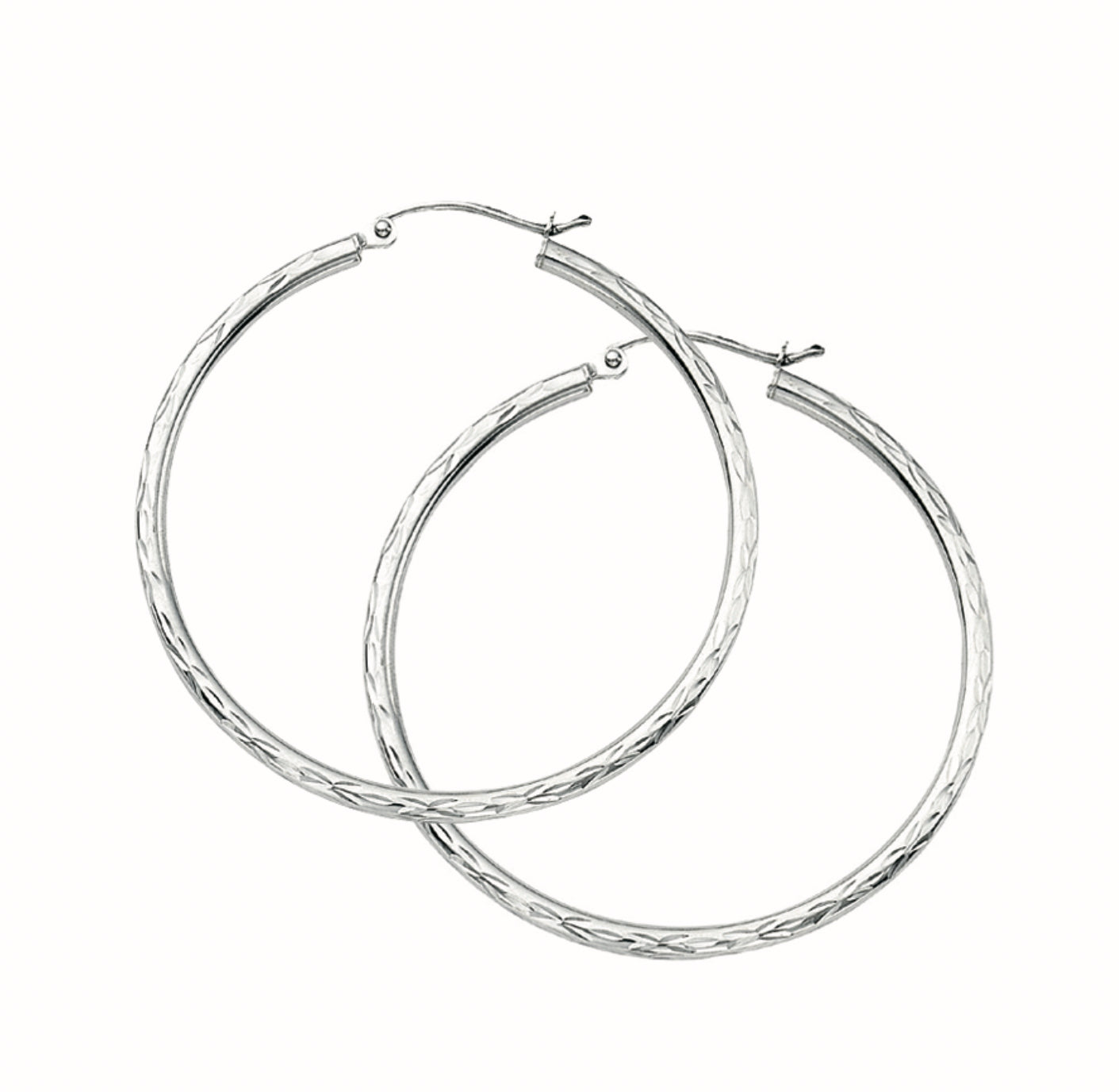 14K WHITE GOLD - DIAMOND CUT HOOP EARRINGS 2X40MM.