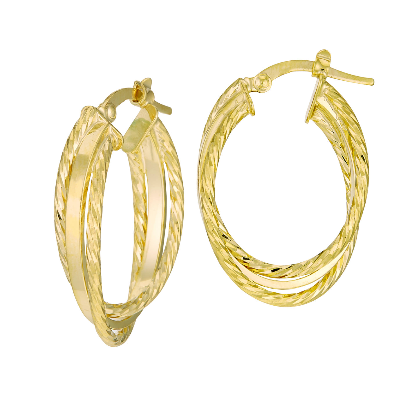 14K GOLD - TWISTED ROPE AND POLISHED INTERLOCKING HOOP EARRINGS.