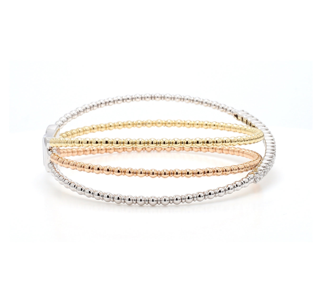 14K TRI-COLOR GOLD - LAB DIAMOND TRIPLE LINK FLEXI BANGLE BRACELET.