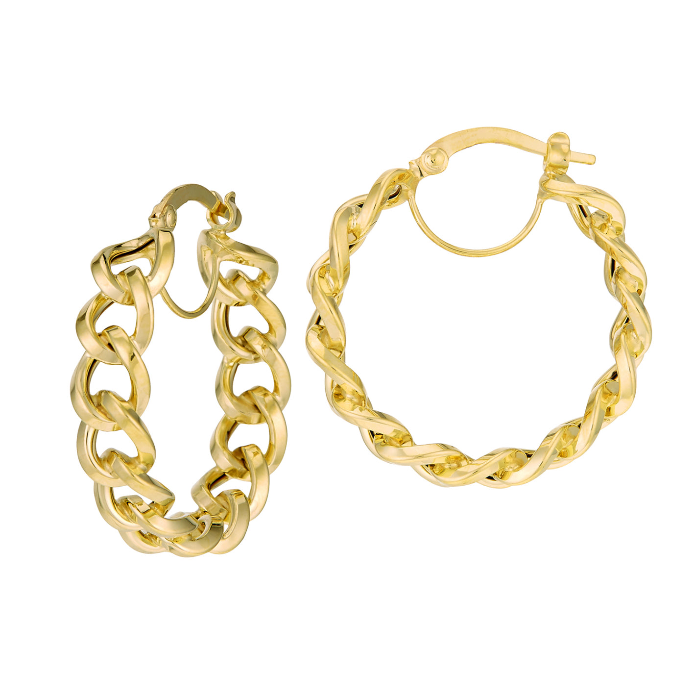 14K GOLD - GOLD TWISTED CHAIN LINK HOOP EARRINGS.