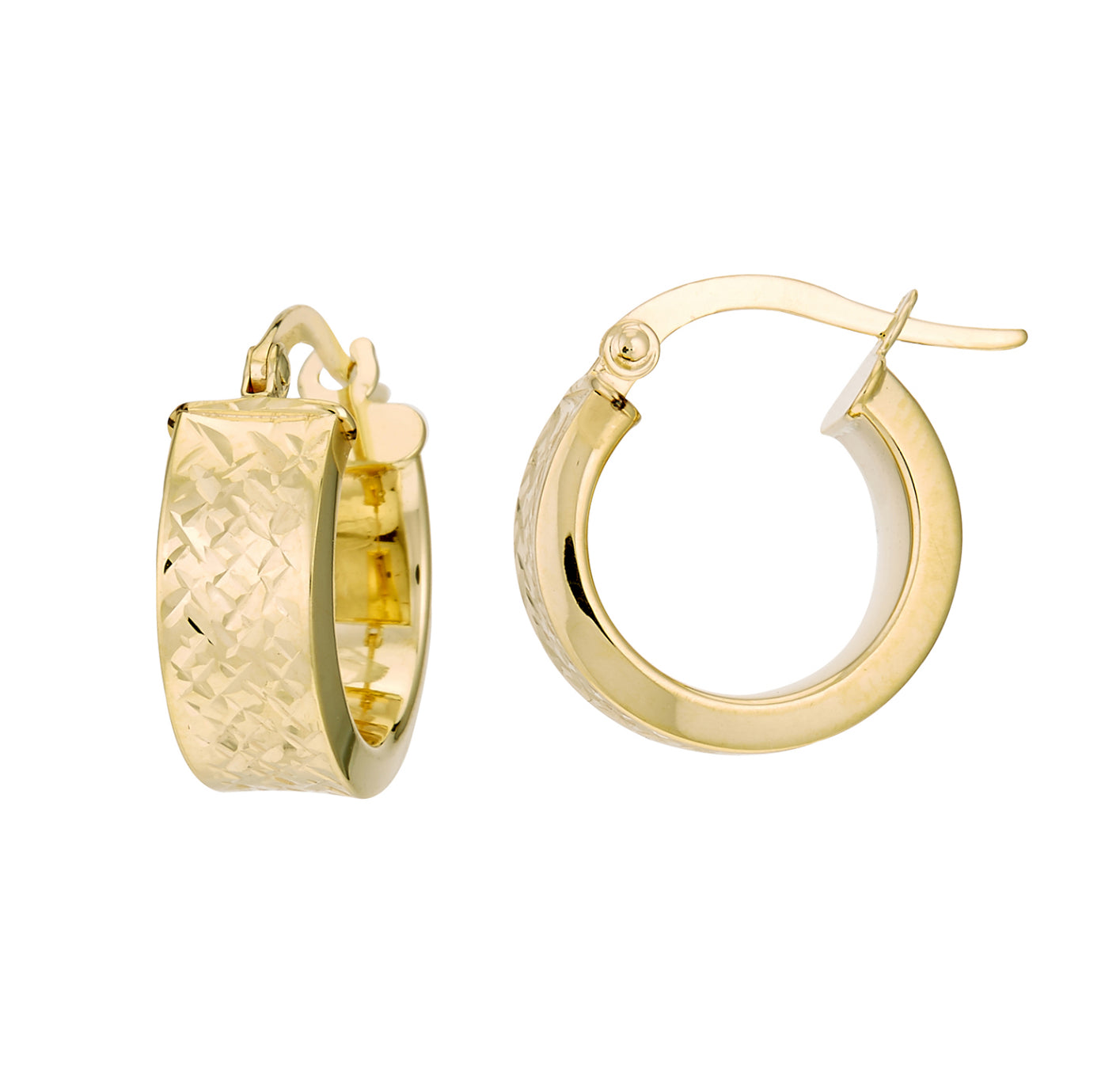 14K GOLD - DIAMOND CUT TEXTURED FLAT BAND MINI HOOP EARRINGS.