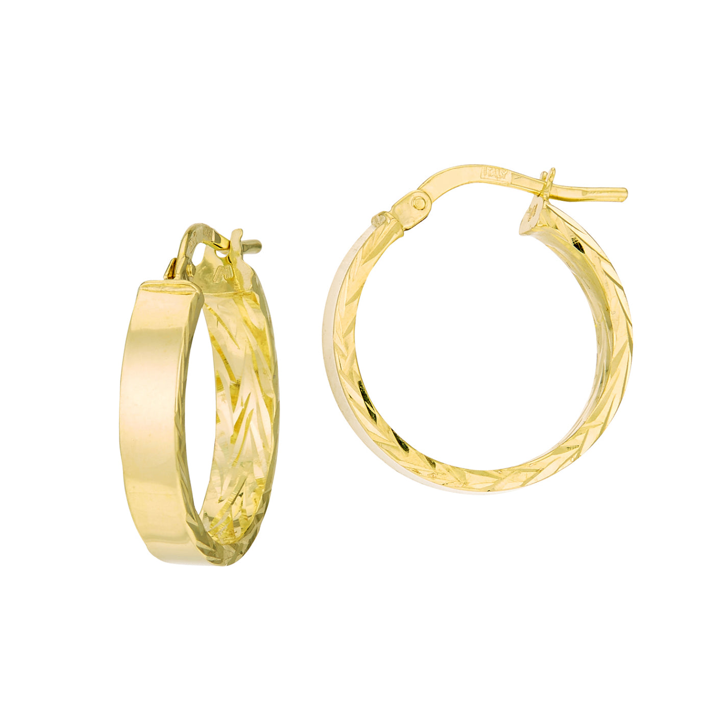 14K GOLD - FLAT BAND TEXTURED INTERIOR HOOP EARRINGS 15MM.