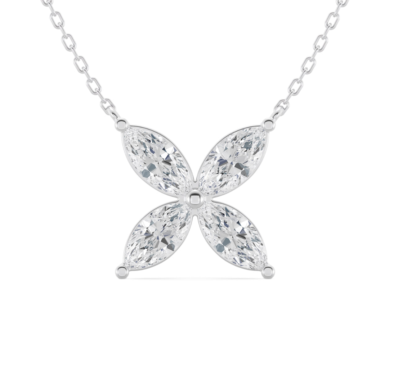 14K WHITE GOLD - LAB DIAMOND MARQUISE FLOWER NECKLACE.