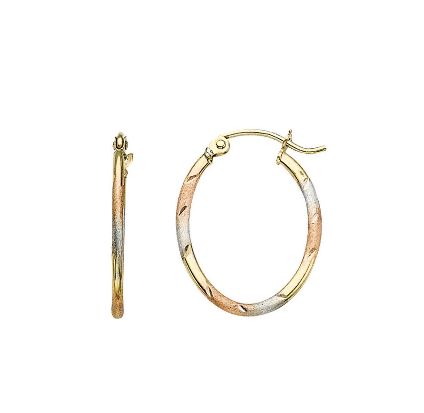 10K TRI-COLOR GOLD - SATIN/POLISHED SMALL OVAL EARRINGS.